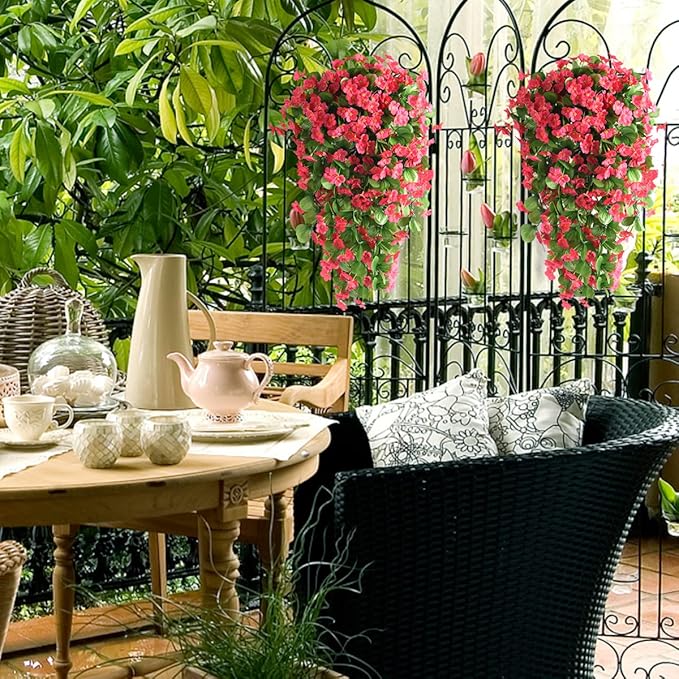 Artificial Fake Hanging Flowers Plants for Outdoor Spring Summer Decoration, 2PCS Faux Silk Violet UV Resistant Look Real Trailing Vines for Outside Home Planter Porch Patio(Rose red)