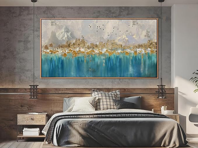 Arjun Framed Abstract Wall Art for Living Room Gold Blue Textured Extra Large Canvas Art Wall Decor Bedroom Painting, Modern Picture Grey Mountain Artwork Home Office Wall Decoration, 58"x29"