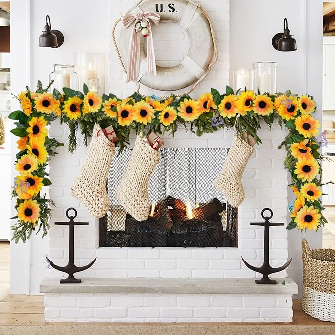 2 Pack Artificial Sunflower Garland with Lights Decor,Fake Hanging Sunflower Vines with Green Leaves,Silk Girasoles Flower Garlands for Birthday Wedding Tables Centerpieces Party Garden Decor