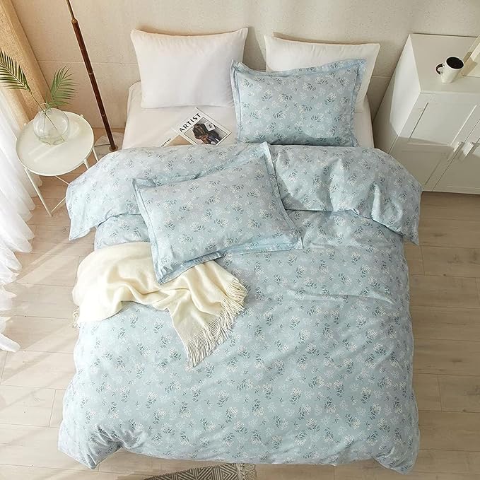 VM VOUGEMARKET Garden Blue Flower Comforter Set Full Soft Fluffy Microfiber Comforter Chic Floral Printed Bedding Set Vintage Flowers Botanical Comforter Set All Season Use