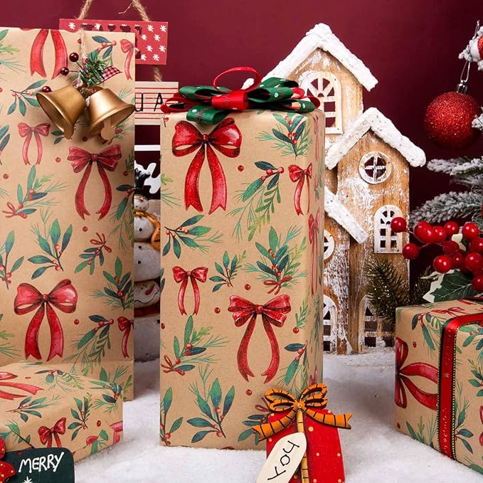 MAYPLUSS Christmas Wrapping Paper Roll - 17IN X 33FT - Kraft Gift Wrapping Paper Featuring Cute Bow Christmas Holly Reversible Cut Lines for Kids, Holiday, New Year