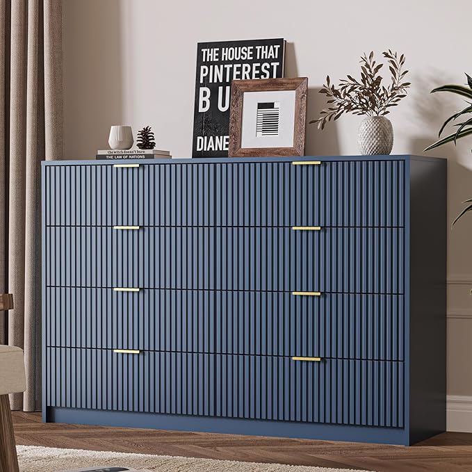 Navy Dresser for Bedroom, 8 Drawer Double Dresser, Modern Chest of Drawers for Bedroom, Living Room, Entryway and Closet, 55" L x 15.7" D x 37.4" H