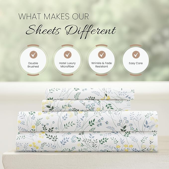 Linen Market Patterned Microfiber King Sheet Set 4 Piece – Oeko-TEX Certified Ultra Soft & Wrinkle-Free - 16" Deep Pocket Sheets - Easy Care King Size - Wildflower Light Blue