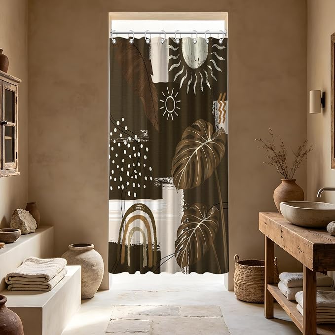 Dark Brown Mid Century Modern Shower Curtain Boho Abstract Khaki Earth Tone Shower Curtains for Bathroom Decor Sets, Waterproof Cloth Fabric with Hooks, 48 x 72 Inch