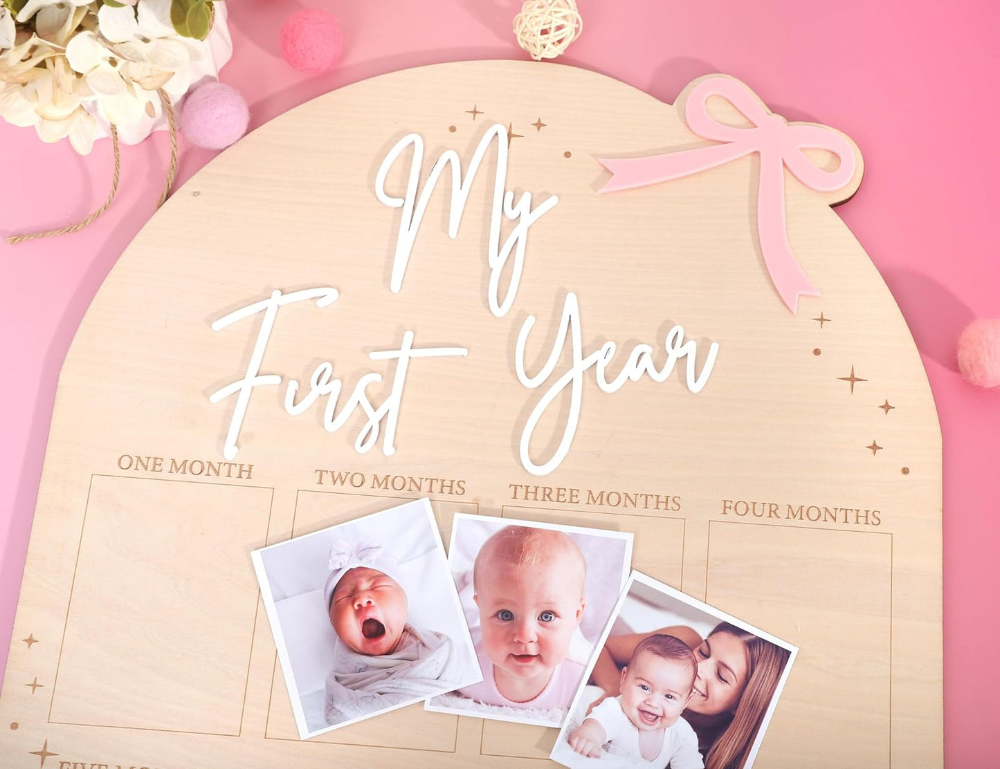 WAUAO My First Year Birthday Board - Monthly Milestone Wood Photo Display for Girls | 12 Months of Memories