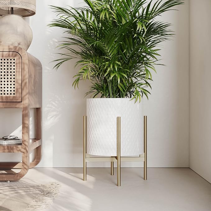 EverNest Claire Mid-Century Modern White Planter with Loki Stand, Indoor Plant Pot, SelectBase, Minimalist Aesthetic, Home Decor for Plants - (Gold Base, Set of 3)