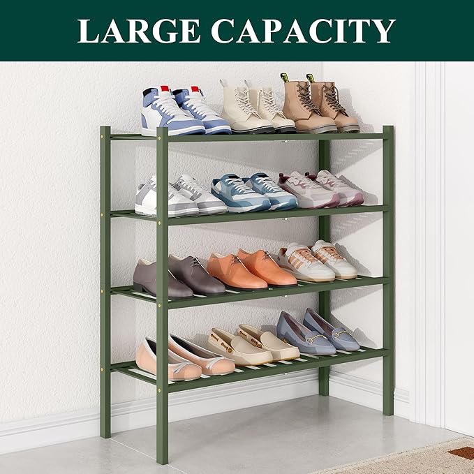 Smiry Bamboo Shoe Rack for Closet, 4 Tier Wooden Stackable Shoe Organizer, Free Standing Shoes Storage Shelf for Entryway, Front Door Entrance, Green