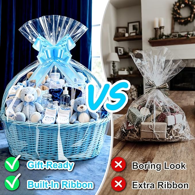 PigPotParty 30"x40" Clear Cellophane Gift Bags - Includes Bows – 10 Pack Large Cellophane Wrap for Gift Baskets, Plastic Gifts Bags for Gift Giving
