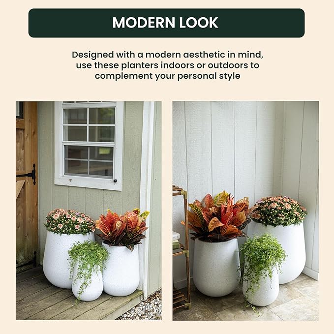 Beuta Large Planters for Outdoor Plants - Set of 3, 15.5/18/20.5 Inches Outdoor Planters for Porch - Tall Planter for Outdoor & Indoor Plants | Large Indoor Plant Pot - USA Made - Limewash