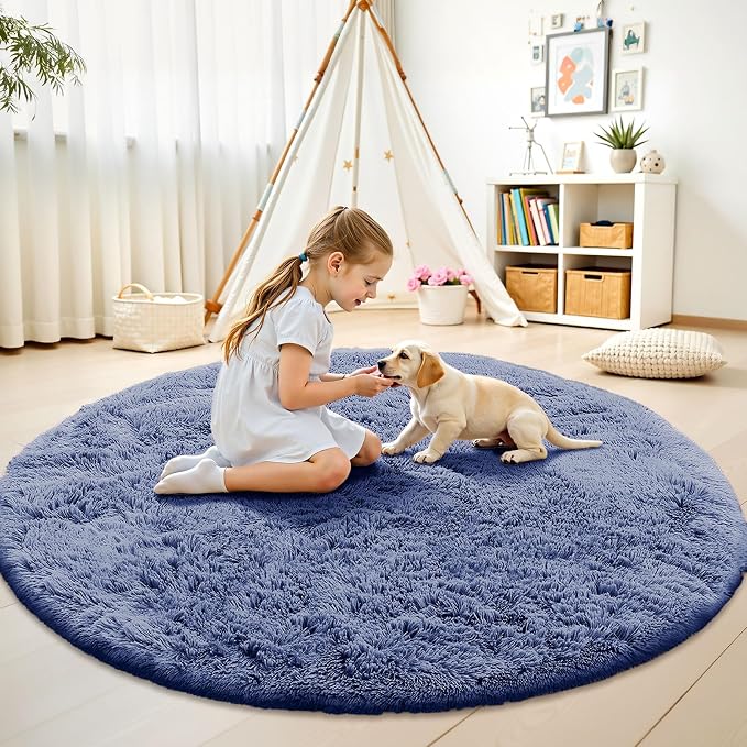 OLANLY Denim Blue Round Rugs for Bedroom - Machine Washable, 9 ft Circle Area Rugs for Living Room, Soft and Fluffy Shaggy Carpet for Teen Girl and Boys, Nursery Rooms, Dorms, Home Decor Aesthetic