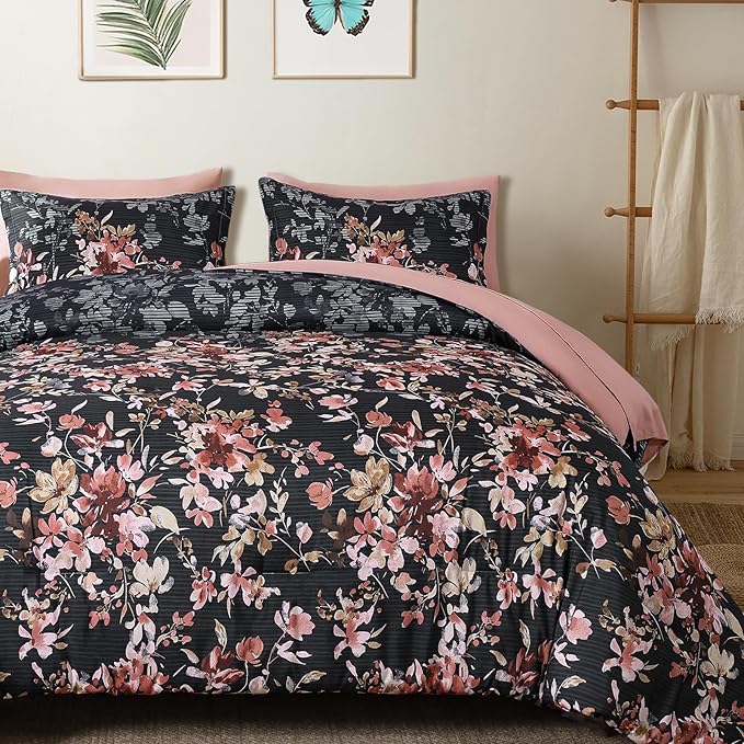 Queen Comforter Set, 7 Pieces Black and Pink Floral Comforter Set, Bed in a Bag Queen with Botanical Flowers Pattern, All Season farmhouse Queen Size Bedding Set with Sheets, Pillowcases & Shams
