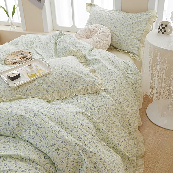 LifeTB Romantic Ruffle Duvet Cover Twin Garden Style Lace Duvet Cover Floral Pattern Blue Flower Comforter Cover Aesthetic Princess Lace Bedding Set 100% Cotton Floral Botanical Comforter Cover Twin
