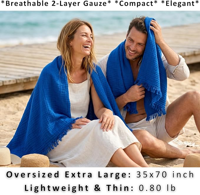 PÜSKÜL - Premium 2-Piece Oversized Muslin Bath Towel for Adult 35x70 Extra Large Bath Sheets | Natural 100% Turkish Cotton Soft Absorbent Quick-Dry Light Spa & Beach Towels (Pack of 2, Royal Blue)
