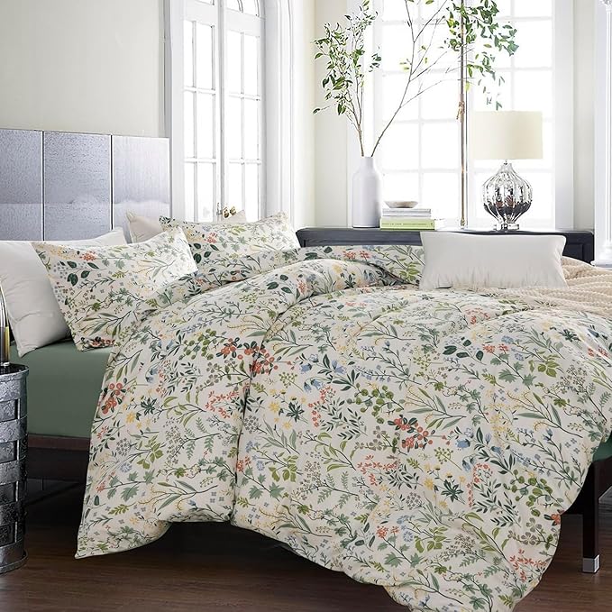HighBuy Boho Floral Comforter Set Queen with 2 Pillowcases Lightweight 3 Pieces Farmhouse Shabby Chic Floral Bedding Set for Women Girl Farmhouse Flower Bedding Comforter Set All Season