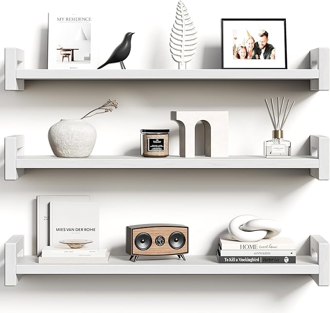 Vailando Floating Shelves for Wall, Set of 3 Solid Wood Wall Mounted Shelves, 23.6" White Display Shelf for Bedroom, Living Room, Bathroom, and Kitchen Decor - Heavy-Duty & Natural Pine