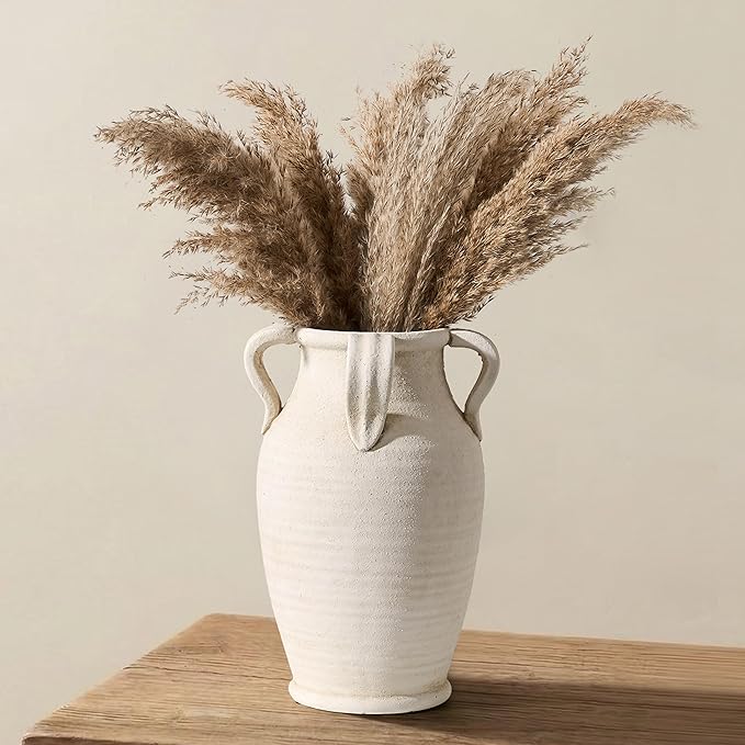 Handmade Ceramic Vase with 4 Handles, 10.83" Tall Farmhouse Rustic Vase, Decorative Pottery Flower Vases for Home Decor, Wedding, Living Room, Table, Shelf Decor, White