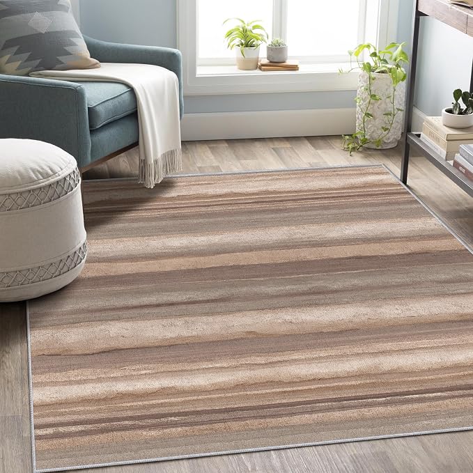 Natural Stripe Rustic Area Rug, Beige Brown Pattern Carpet, Washable Non Slip Low Pile Soft Thin, Living Room Bedroom Dining Room Home Decor Mat 2x3ft(Small)