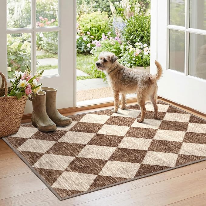 Checkered Entryway Rug - 28" x 43" Small Front Door Mat Indoor Outside Entrance Non-Slip Washable Outdoor Mat Rustic Brown Beige Modern Farmhouse Rug for Entryway Kitchen Bedroom Porch Decor