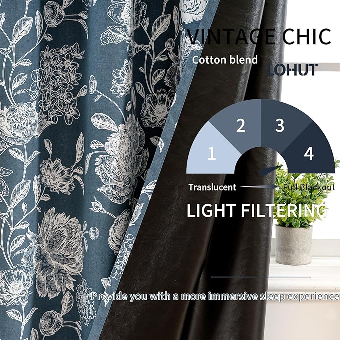 Pattern Blackout Curtains Blue Peony Print - Vintage Curtains for Bedroom Living Room, Floral Blackout Curtains Cotton Blend, Light Blocking Patterned Curtains, 52" W x 84" L