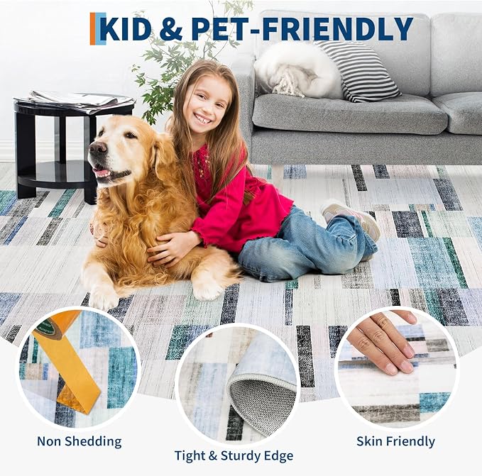 Modern Area Rugs 5x7 Rug for Living Room Washable Geometric Throw Rugs with Non-Slip Backing, Non-Shedding Contemporary Accent Carpet, Low Pile Floor Cover for Bedroom, Office, Blue