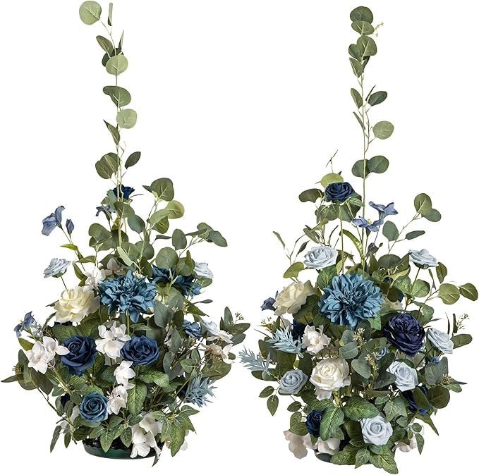 Ling's moment 41" Tall Free Standing Artificial Flowers Arrangements 2 pcs Wedding Arch Altar Stage Decorations Dusty Blue Navy for Ceremony Reception Silk Rose Fake Floral Party Outdoor Beach Decor