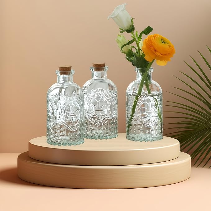 2Pcs Clear Glass Reed Diffuser Bottles with Cork Lid,Apothecary Diffuser Decorative Bottles,Small Flower Bud Vase,Aromatherapy Container for DIY Replacement Diffuser,Reed Sticks,Crafts Decor