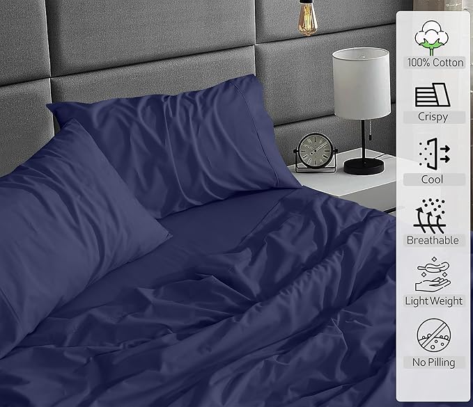 RUVANTI 100% Cotton Sheets Queen Size Set, 4 Pieces, Soft & Breathable Percale Weave Bedding, Deep Pocket 16", Hotel Standard, Crisp Cool Feeling, Durable, Perfect Dyed Bed Sheet, Crown Blue