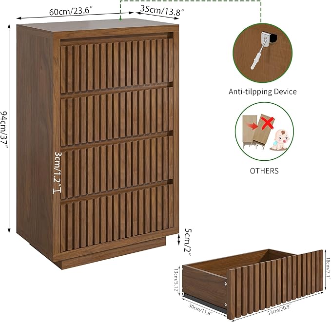 Fluted 4 Drawer Dresser, Mid Century Small Dresser for Bedroom, Wood Chest of Drawers, Modern Closet Clothes Organizer, Walnut Wooden Storage for Living Room, Brown