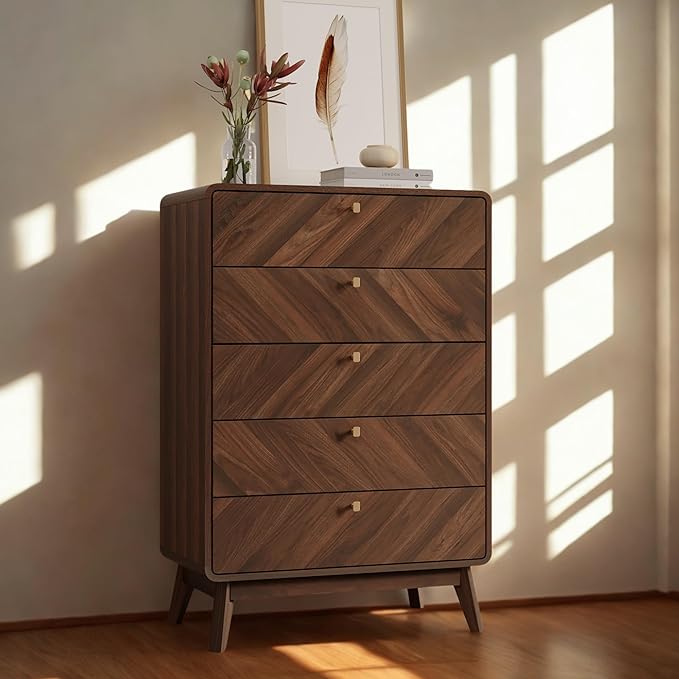 LuxenHome 5 Drawer Dresser for Bedroom, Mid Century Modern 48" Tall Wooden Bedroom Dressers, Walnut Brown MDF Wood Bedroom Dressers with Drawers, Chest of Drawers for Clothes Organizer Furniture