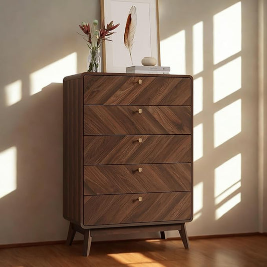 LuxenHome 5 Drawer Dresser for Bedroom, Mid Century Modern 48" Tall Wooden Bedroom Dressers, Walnut Brown MDF Wood Bedroom Dressers with Drawers, Chest of Drawers for Clothes Organizer Furniture