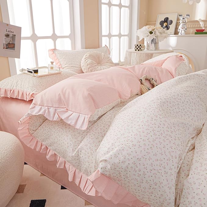 Pink Floral Ruffle Duvet Cover Twin 100% Cotton Pink Flower Duvet Cover Girls Romantic Comforter Cover Princess Lace Coquette Bedding Set Vintage Aesthetic Bedding Cute Flower Comforter Cover Twin