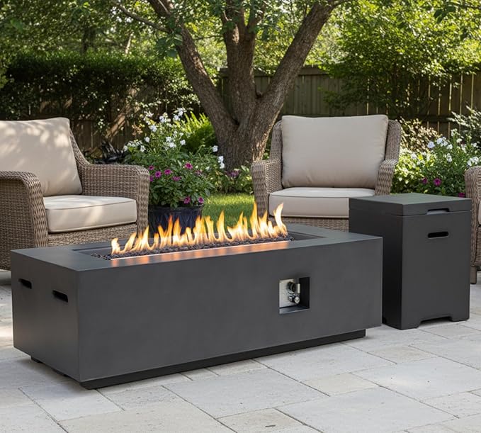 HillAethel 60-Inch Propane Fire Pit Table with Propane Tank Side Table,Set-2-Piece,60,000 BTU Concrete Gas Fire Pit with Free Rain Cover, Tank Seat, Lava Rocks, for Outside Patio Backyard,Dark Grey