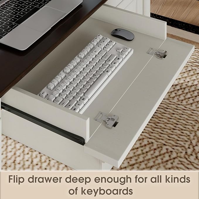 61.85″ Executive Desk with Roman Column Design, Large Boss Office Desk 3 Drawers incl. File Drawer, Keyboard Tray, Cabinet Shelf with Door, White with Brown Desktop