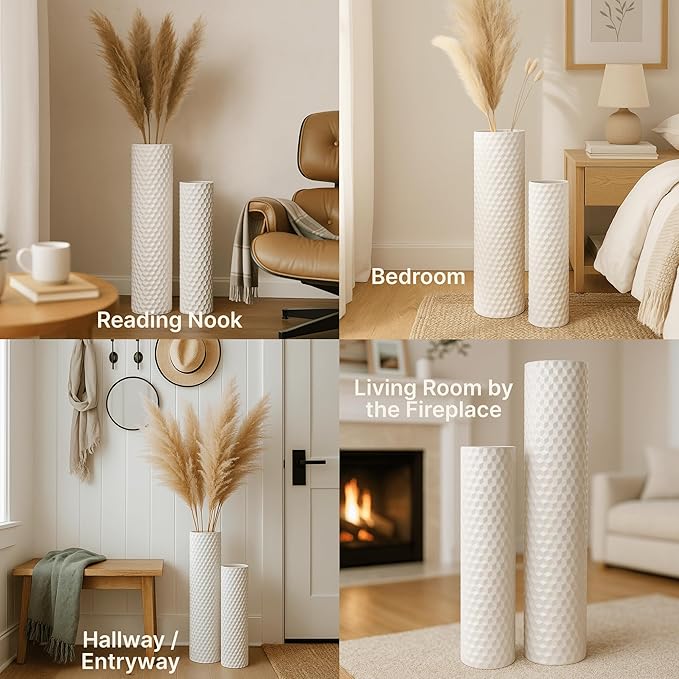 Leewadee White Tall Floor Vase, Set of 2 Decorative 24/19″ Large White Vases from Metal for Home Decor Living Room, Style with Pampas Grass for Modern, Vintage, Rustic or Farmhouse Room Decor