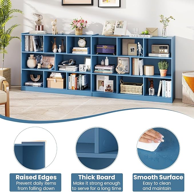 KOTEK Toy Storage Organizer, 5 Cubby Kids Bookshelf, Wooden 3-Tier Bookcase Storage Cabinet, Open Display Book Shelf for Daycare, Nursery, School Classroom, Living Room (Blue, 8 Cubes)