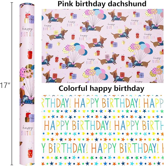 Burymento Birthday Dog Wrapping Paper, Reversible Color Happy Birthday Gift Wrap for Baby Shower, Valentines, Mothers day, Graduation, Wedding, Fathers day, Christmas (17in x 32.8ft)