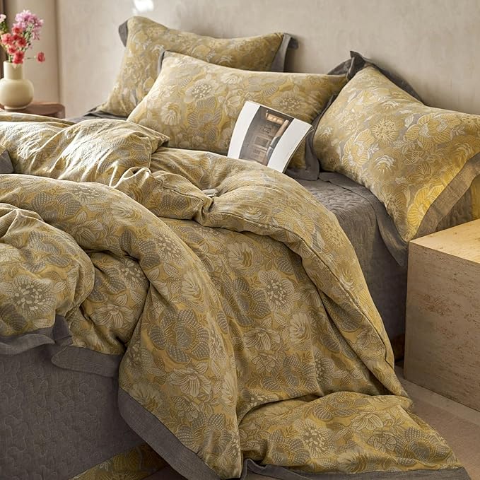 VM VOUGEMARKET Jacquard Floral Duvet Cover Set King,Yarn-Dyed Cotton Yellow Gold Flower Duvet Cover Bordered,Vintage Garden Style Bedding Set King