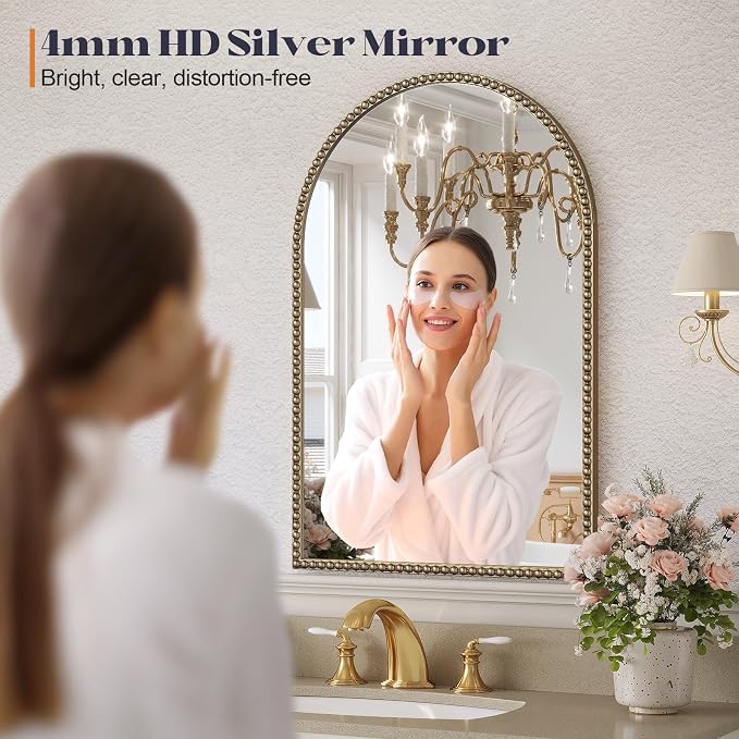 Arched Beaded Mirror for Bathroom, 24"x38" Antique Gold Arch Vanity Wall Mirror, Retro Brass Metal Frame Champagne Bronze Mirrors for Bedroom Dressing Room Entryway Fireplace