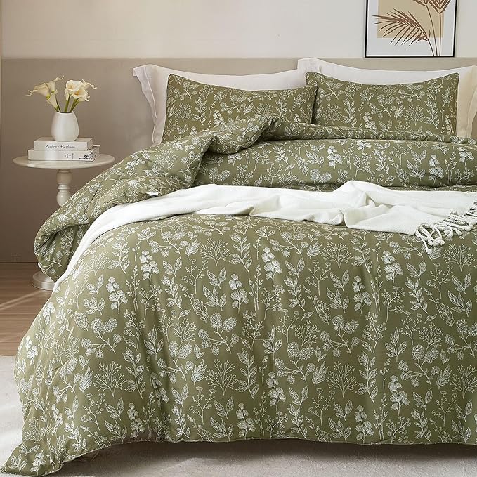 HighBuy Olive Green Comforter Full Size Garden Style Flower Leaves Bedding - Aesthetic Floral Boho Chic Bedding Set - 3 Piece, 1 Comforter + 2 Pillowcases