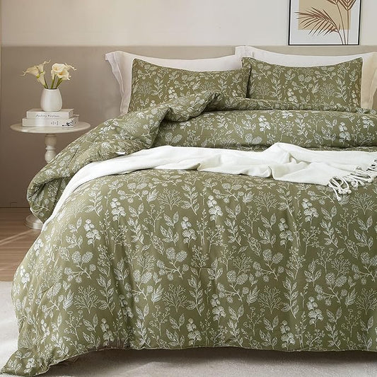 HighBuy Olive Green Comforter Full Size Garden Style Flower Leaves Bedding - Aesthetic Floral Boho Chic Bedding Set - 3 Piece, 1 Comforter + 2 Pillowcases