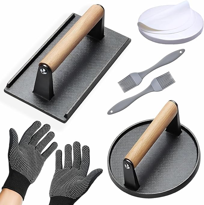 KUAWAK Smash Burger Press Kit 56 Pcs,grill press,7.9 Inch Cast iron hamburger smasher tool, Bacon Press,Burger Smasher for Grill and Griddle Accessories,Barbecues and Tailgates
