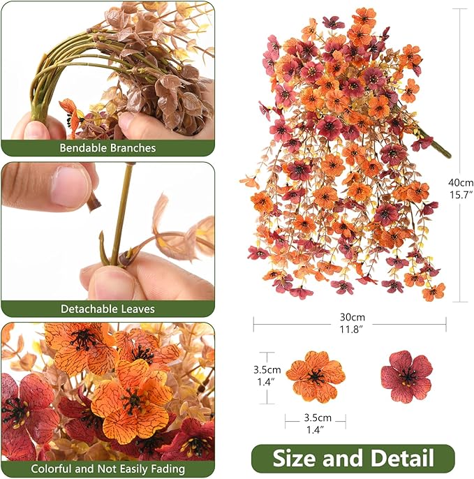 Artificial Faux Mums Fall Flowers for Outdoor Outside Decoration, 2 PCS Fake Silk Daisy Flower Plants Realistic UV Resistant for Home Porch Balcony Patio Autumn Decor (Orange Brown