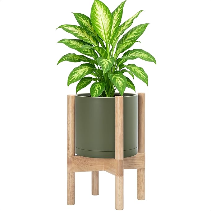 D'vine Dev Planter Pot with Stand - 8 Inch Plastic Cylinder Flower Pot with Wood Planter Holder for Indoor, Olive Pot + Natural Stand, 55-C-J-3