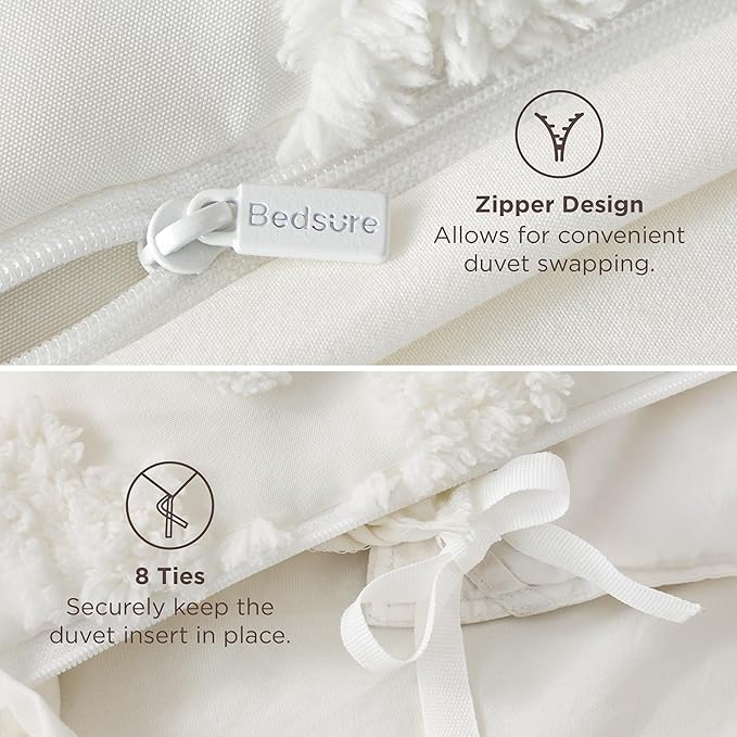 Bedsure Boho Duvet Cover Queen Size - White Tufted Boho Bedding, Farmhouse Shabby Chic Embroidery Bedding for All Seasons, 3 Pieces, 1 Soft Jacquard Queen Comforter Cover and 2 Pillow Shams
