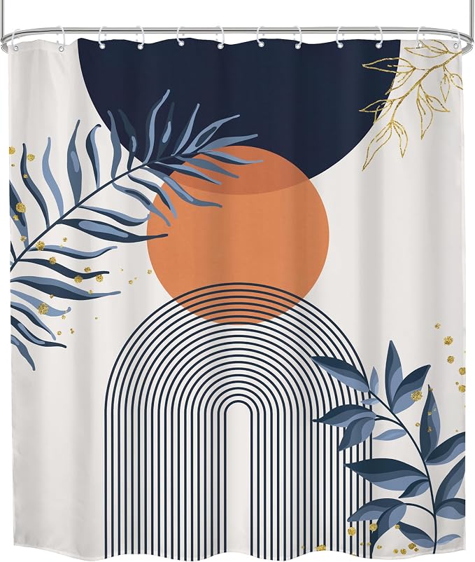 Navy Blue Boho Shower Curtain 60Wx72H Modern Abstract Bohemian Blue Gold Leaves Orange Minimalist Mid Century Plant Arch Bathroom Decor Neutral Geometric Bath Curtain Polyester 12 Pack Hooks