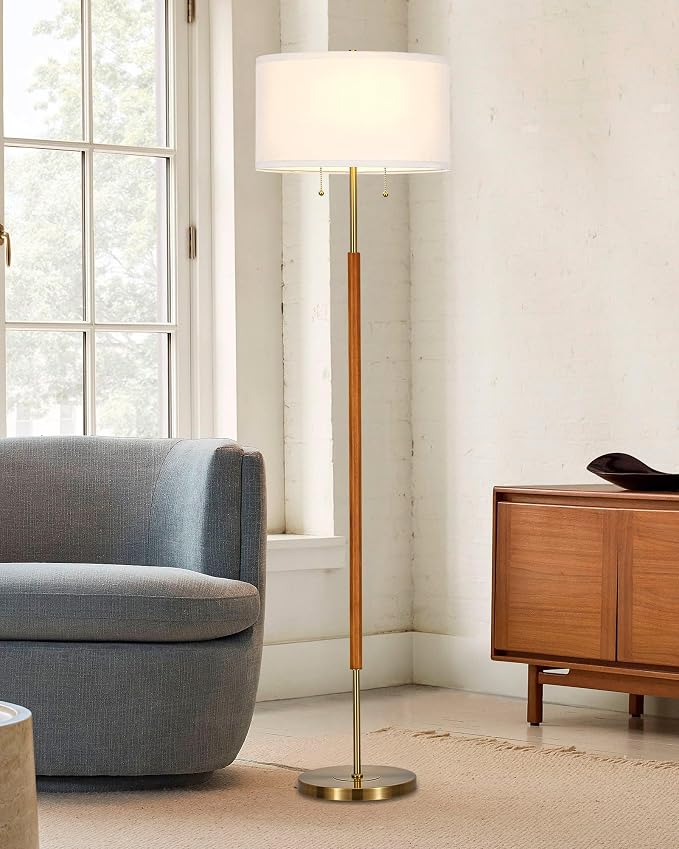 ELYONA Floor Lamp for Bedroom 2-Light Wood Standing Lamp White Fabric Shade Mid Century Modern Tall Pole Corner Light for Living Room Office 3 Color Temperatures 9W LED Bulbs Include, Brushed Brass