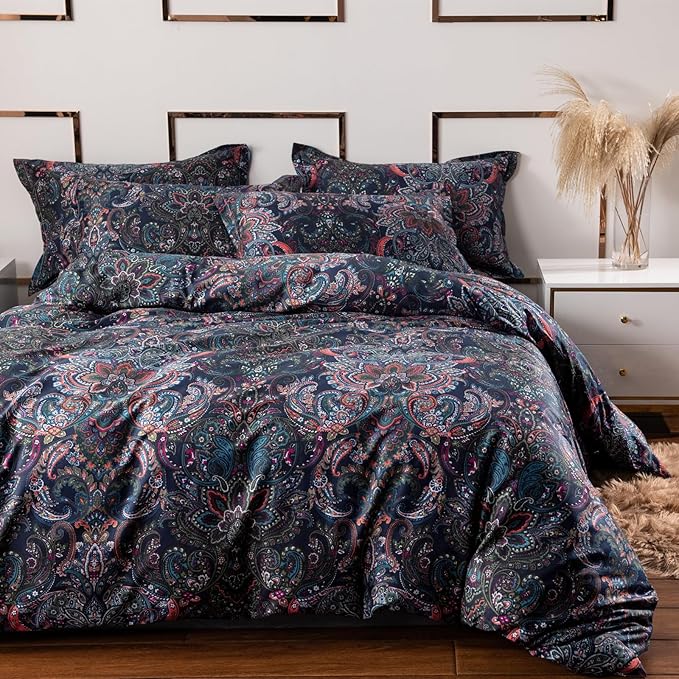 VM VOUGEMARKET Paisley Bedding Sets 3Pcs Brushed Cotton Duvet Cover Set King Size Rustic Damask Stormy Blue Floral Comforter Cover with Zipper Closure Boho Bedding Collections