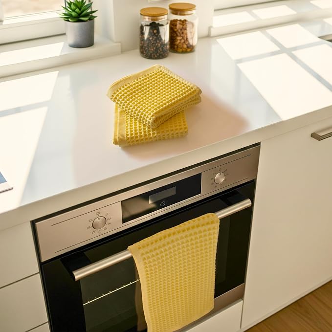 PÜSKÜL Natural 100% Turkish Cotton Waffle Kitchen Towels Set of 3 | Oeko-Tex, Premium Waffle Hand Towels for Bathroom | Soft Absorbent Quick-Dry Lint-Free Dish Towel Large 32x16 inch (3, Light Yellow)