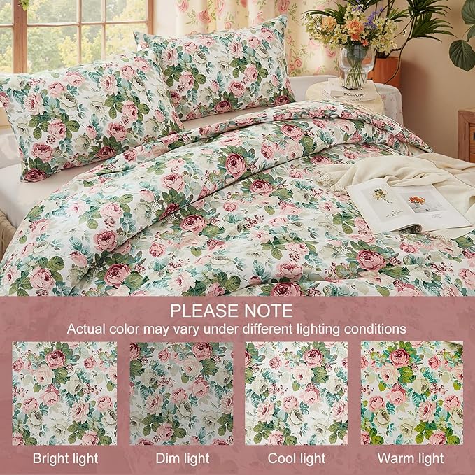 Rose Red Floral King Bedding Romantic Girls Comforter Set Soft Botanical Vintage & Country Home Decor for All Season