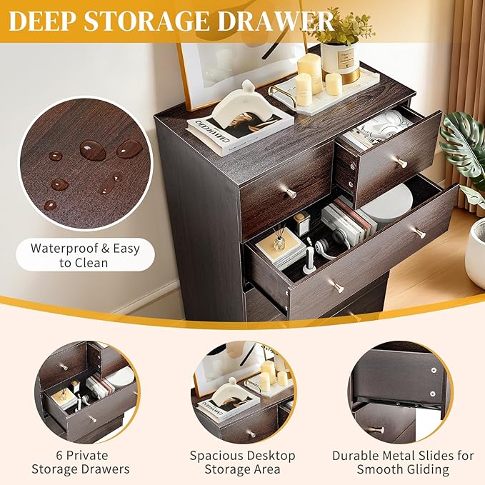 Karl home Brown 6 Drawer Dresser for Bedroom, Modern Wood Dresser Chest of Drawers, Bedroom Modern Nightstand, Anti-Tipping Device, Rose Gold Metal Handle, Living Room, Hallway, Office